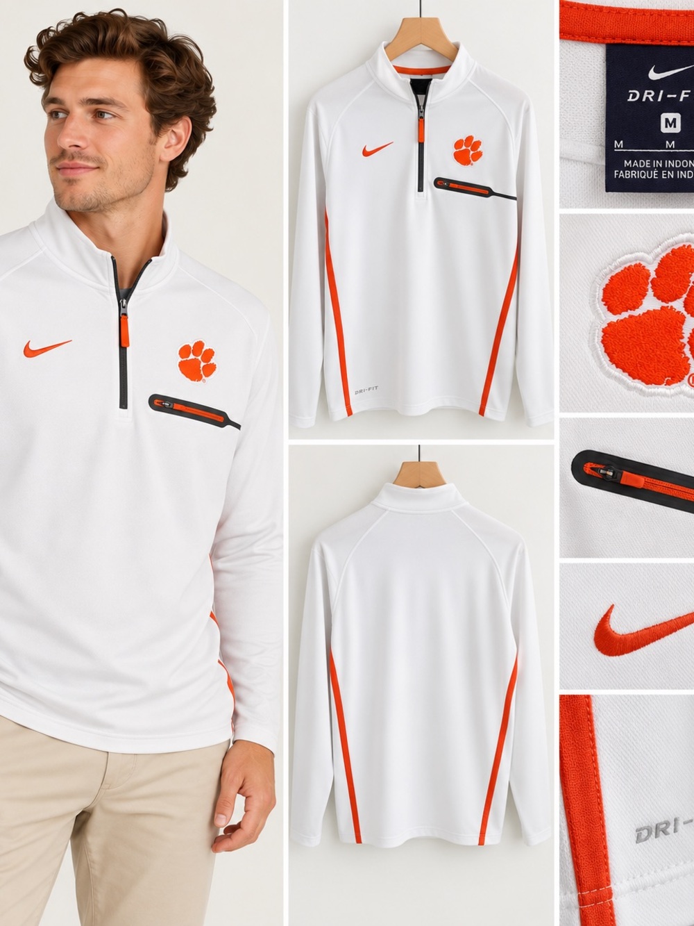 Nike Clemson Tigers Dri-FIT 1/4 Zip Pullover White Orange Men’s Medium